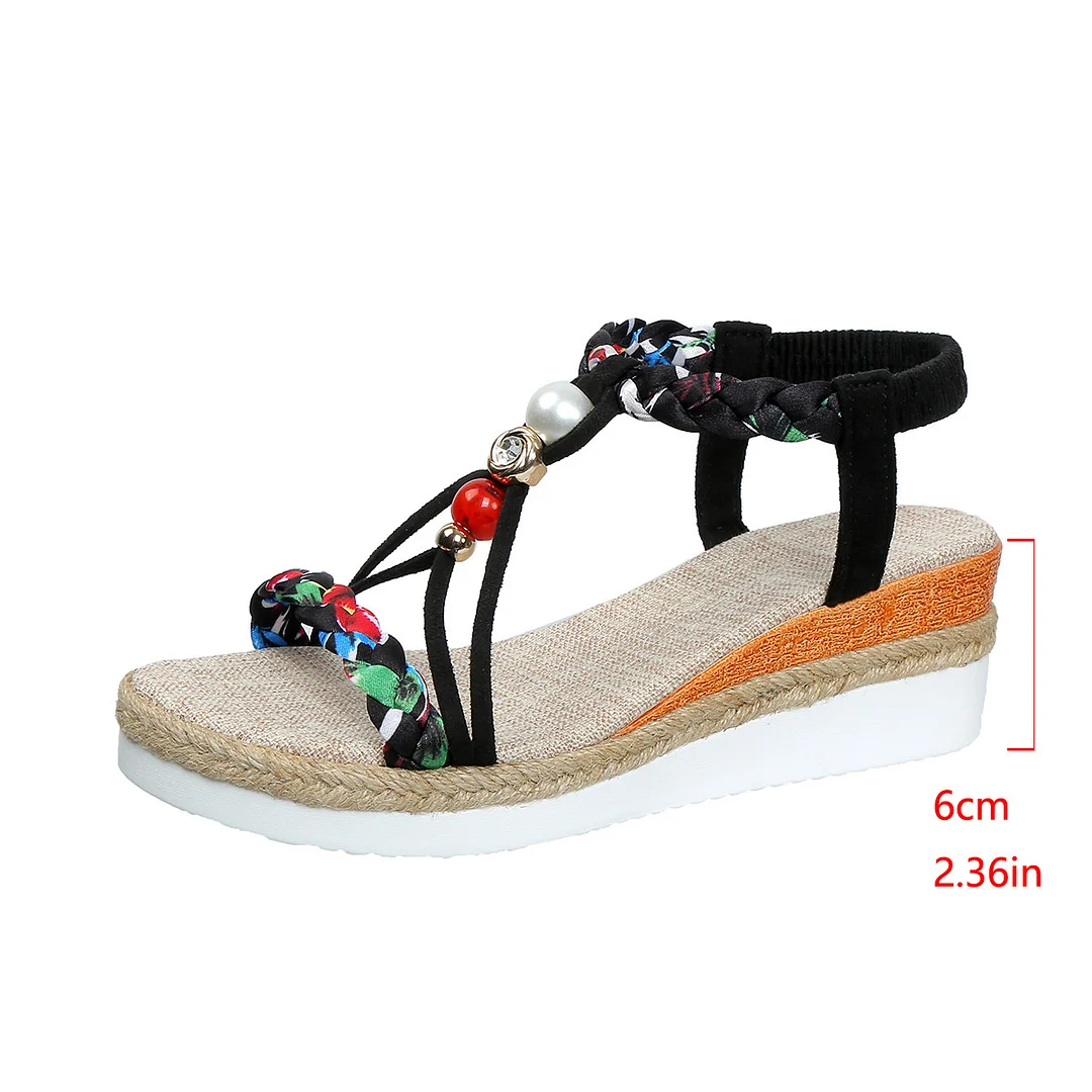 Yyvonne And Summer New Round Head Flat Bottom Heel Sandals Women Weaving Beads Toe Bohemian Thick-Soled Beach Sandals