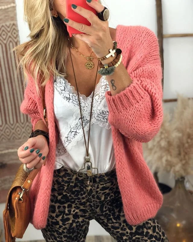 Solid Collarless Casual Long Sleeve Cardigans