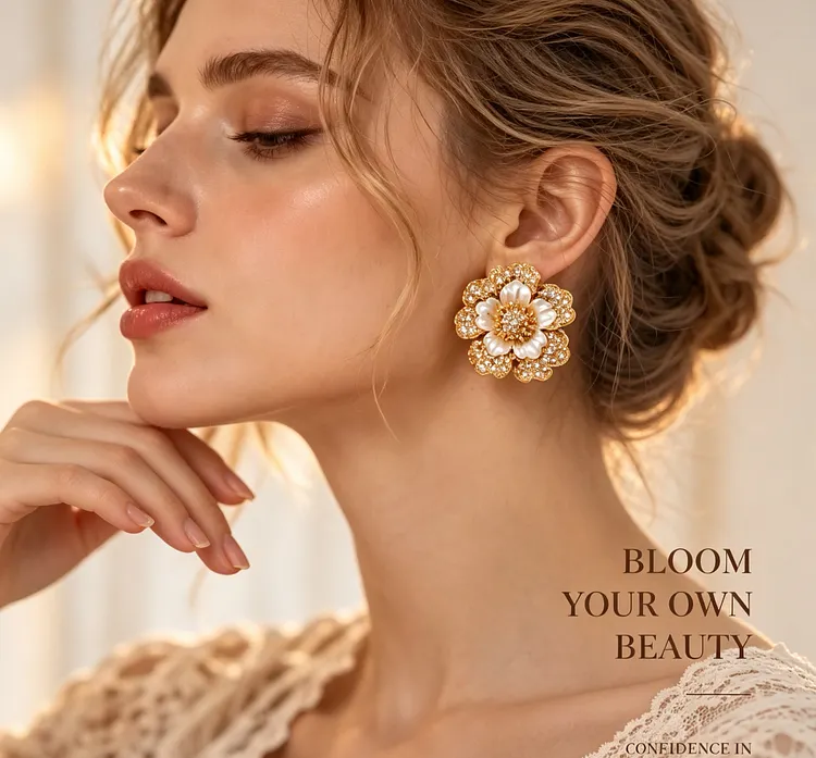 Vintage White Enamel Flower Stud Earrings &ndash; Gold Tone Crystal Floral Statement Earrings for Women