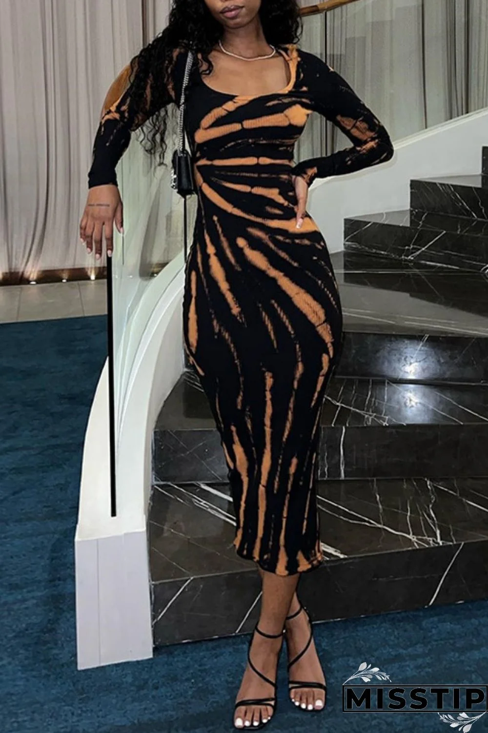 Black Casual Print Basic U Neck Long Sleeve Dresses