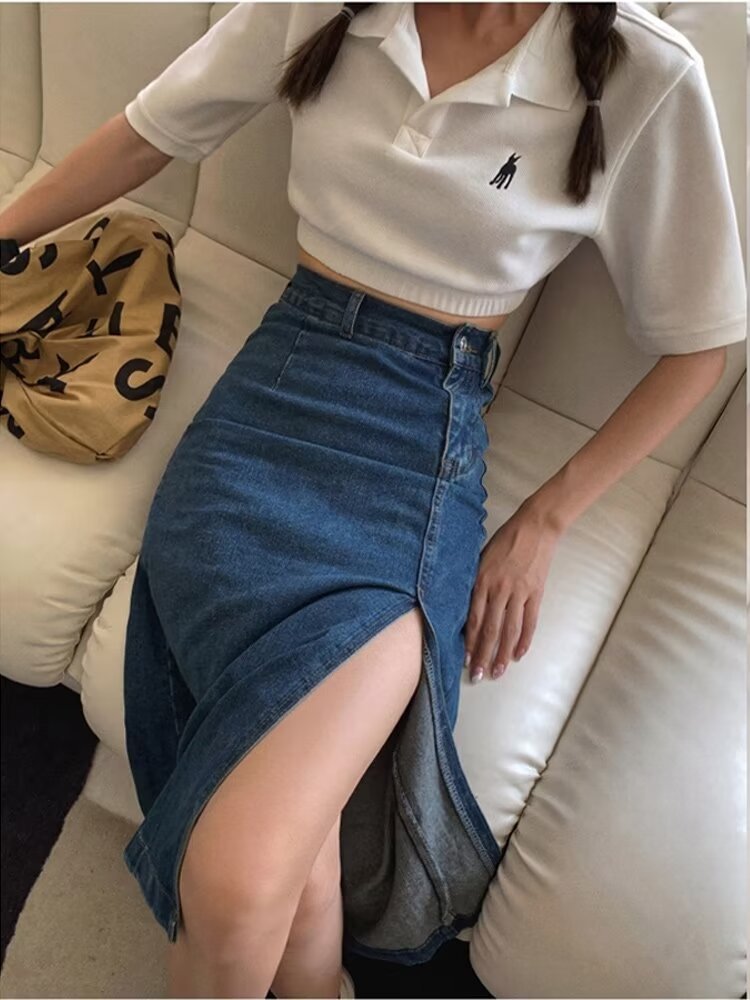 Aiertu guys in skirts Denim Skirt Women's Fashionable Slim-Fit One-Step Hip Skirt Split Mid-Length High Waist plus Size Long Skirt aiertu