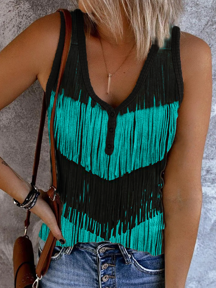  Western Contrast Color Fringe Button Up Tank Top Westsshops