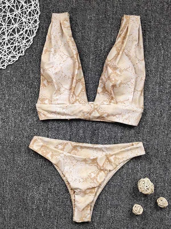 Snake-Print Bandage Split Bikini Swimsuit