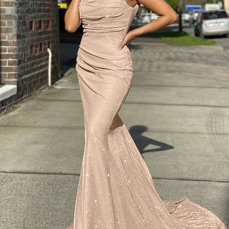 Glitter Sequin Slip Sleeveless Backless Maxi Dress, Slim Elegant Ruffled Cocktail Party Guest Evening Gown Mermaid Dress, Women's Clothing