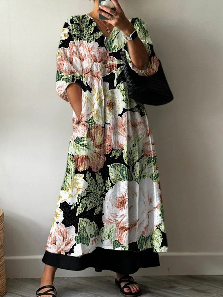 Women's Vintage Lovely Floral Art Print Pocket V-neck Cotton Dress