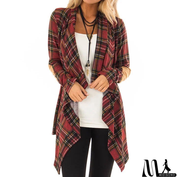 MidiSono - Long Sleeve Women'S Plaid Cardigan Coat