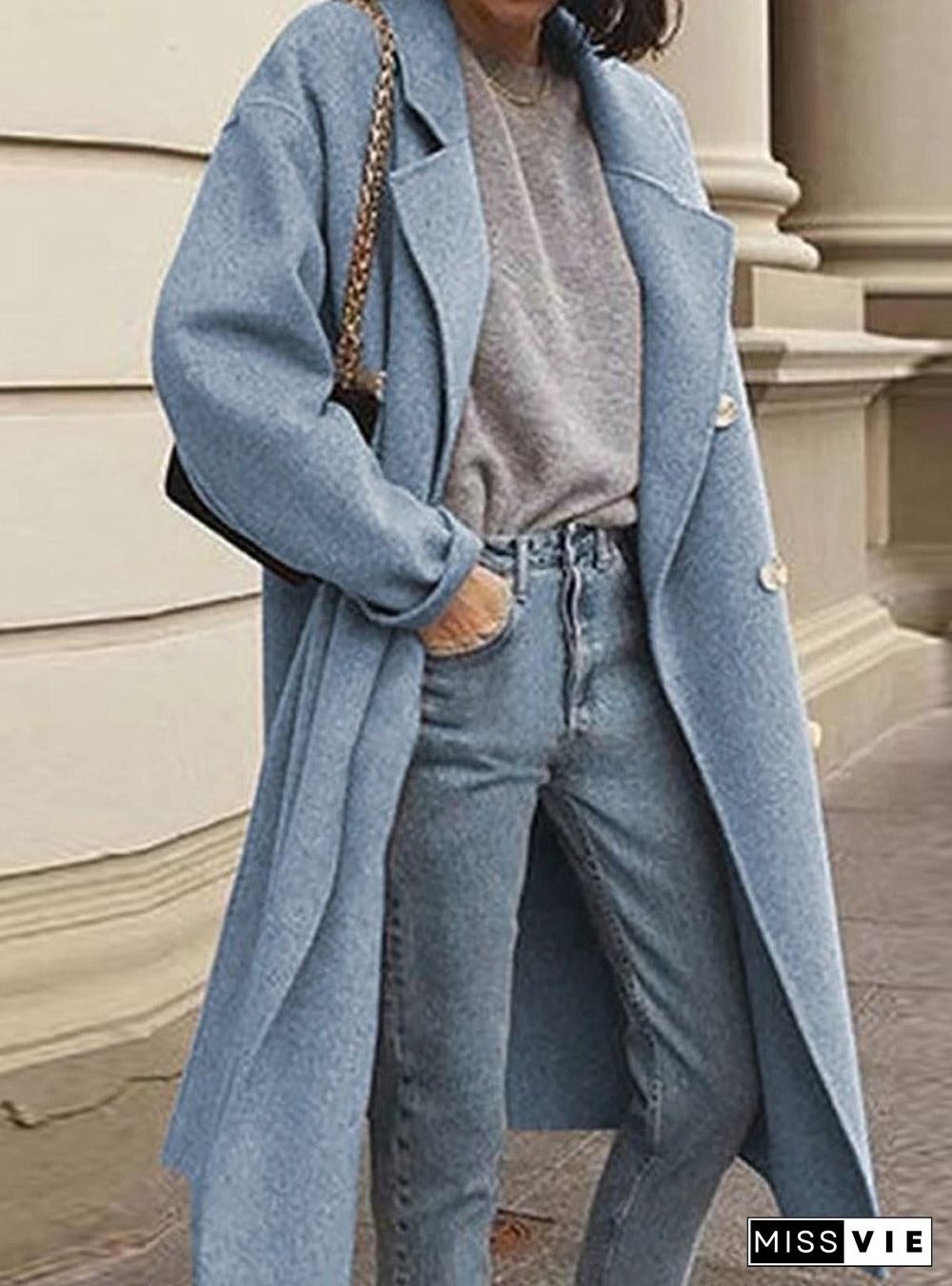 Solid Color Woolen Double-breasted Coat