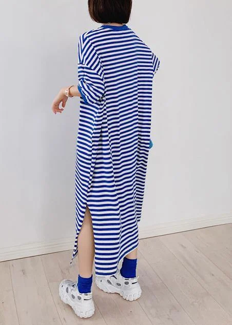 Style blue striped tunic dress o neck side open Plus Size Dresses