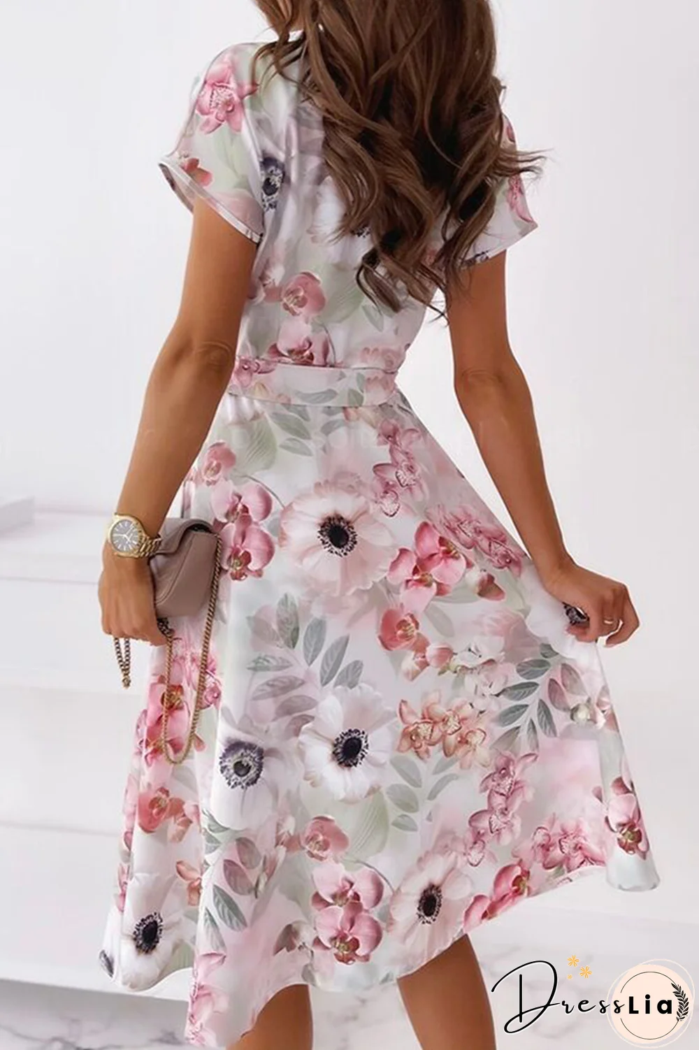 Fashion Elegant Print Buckle With Belt V Neck A Line Dresses