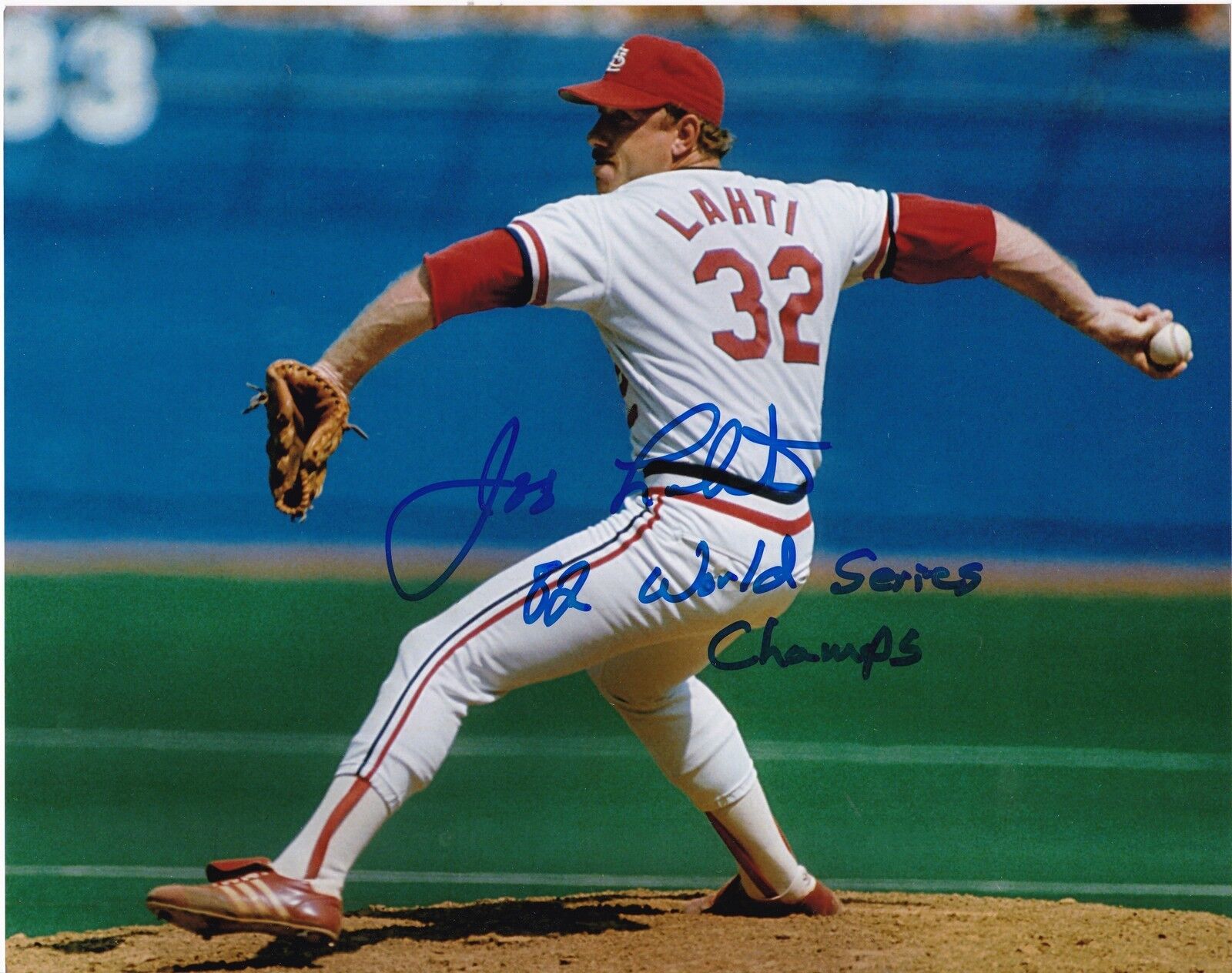 JEFF LAHTI ST. LOUIS CARDINALS 1982 WS CHAMPS ACTION SIGNED 8x10