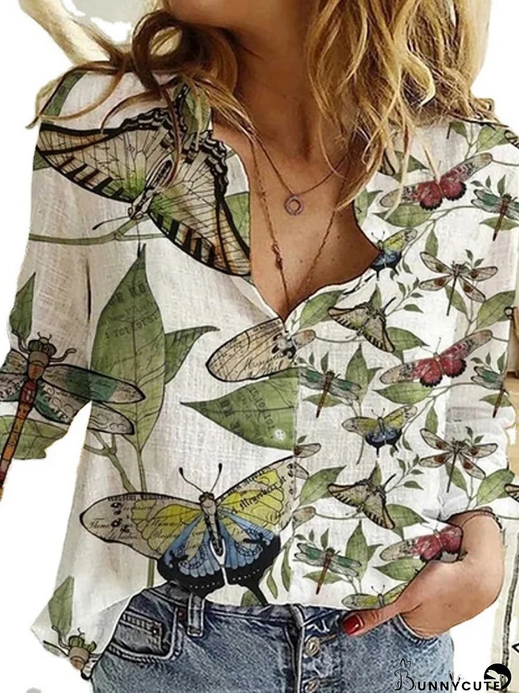 Blouses Butterfly Print Button Long Sleeve Blouse for Women