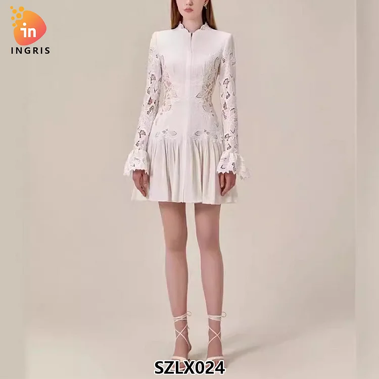 Custom Casual Lace Lace Long Sleeve Dress High Waist Slimming Hollow Women's Dress-SZLX024