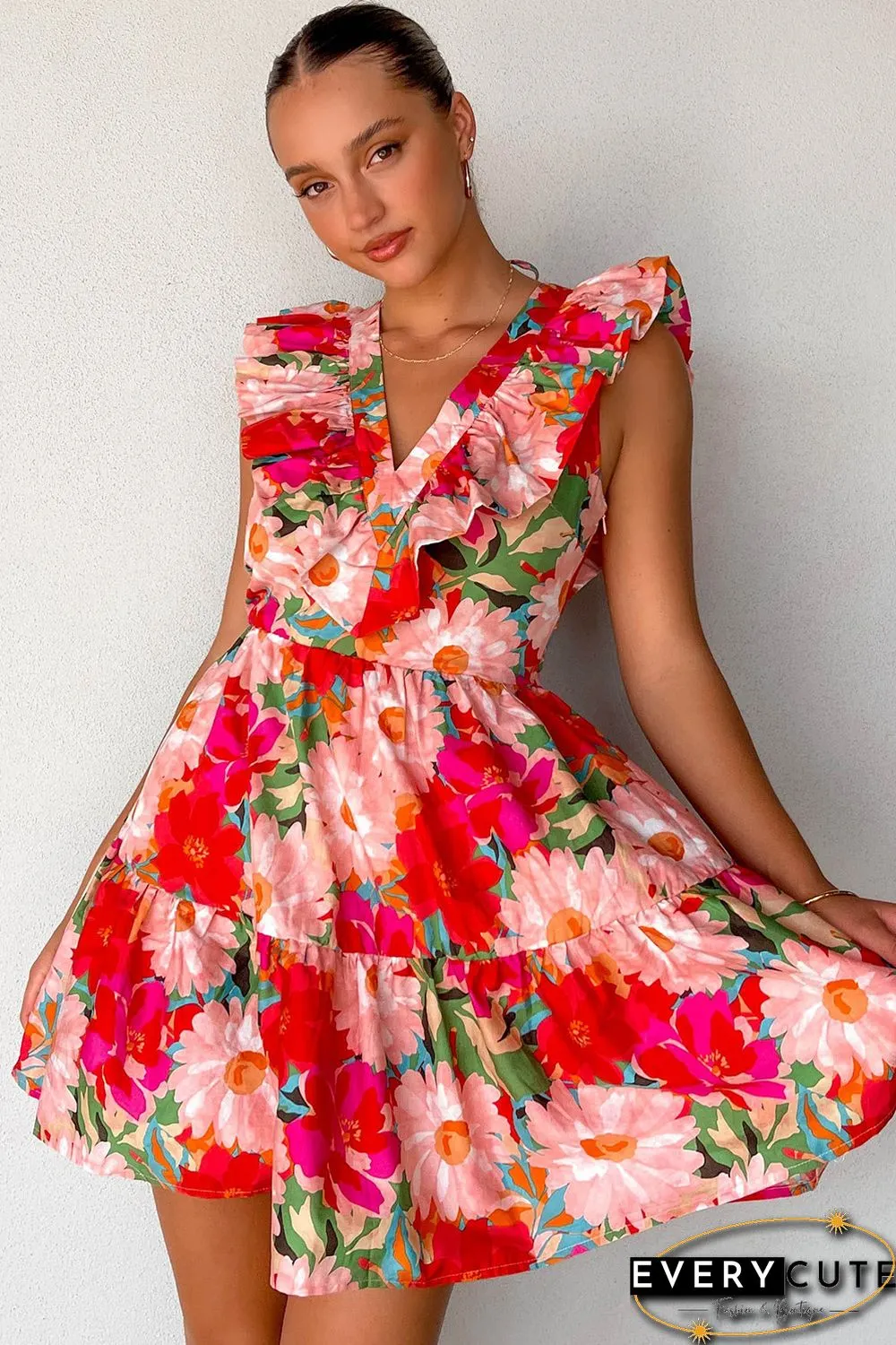 Red Floral Sleeveless V Neck Frill Mini Dress