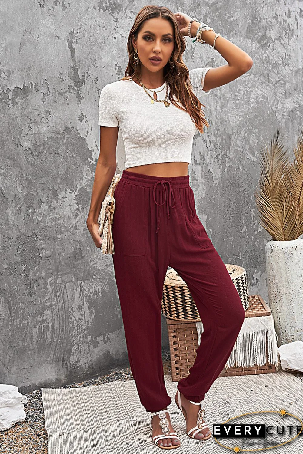 Wine Red Drawstring Elastic Waist Joggers with Pockets