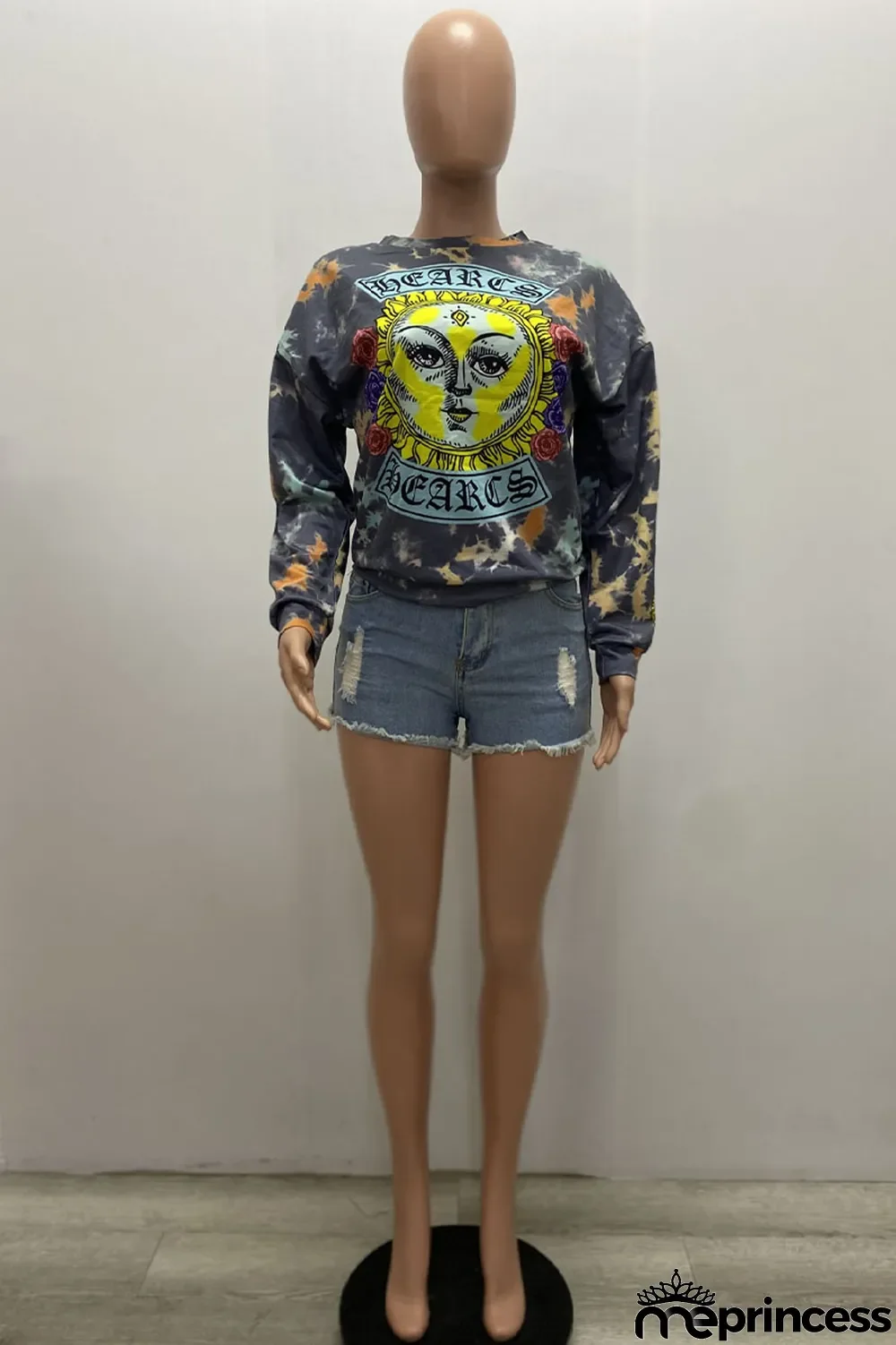 Grey Casual Blending Print Split Joint Tie-dye O Neck Tops