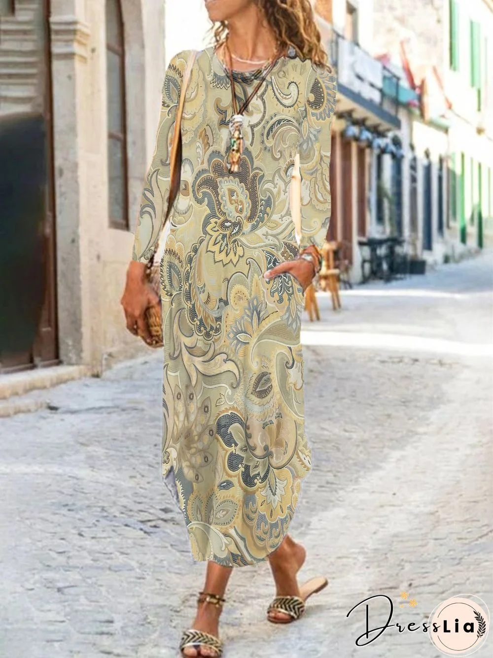 Casual Paisley Pockets Long Sleeve A-Line Dresses