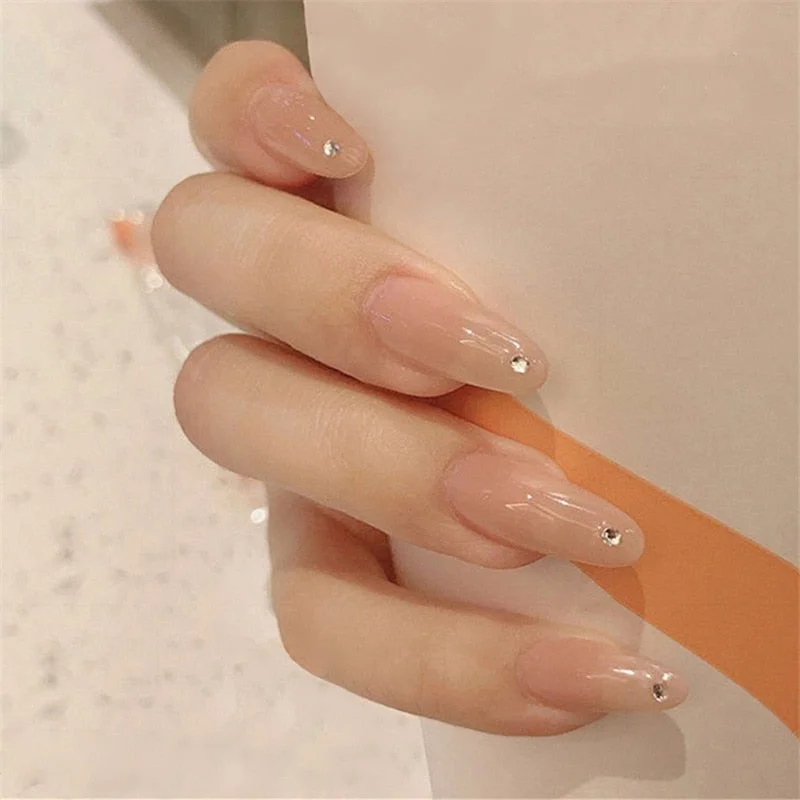 24pcs/set Light Grey Rhinestone Short Size Design Artificial Nail DIY Fashion false nails with glue fake nails press on for girl-Nail Inspo