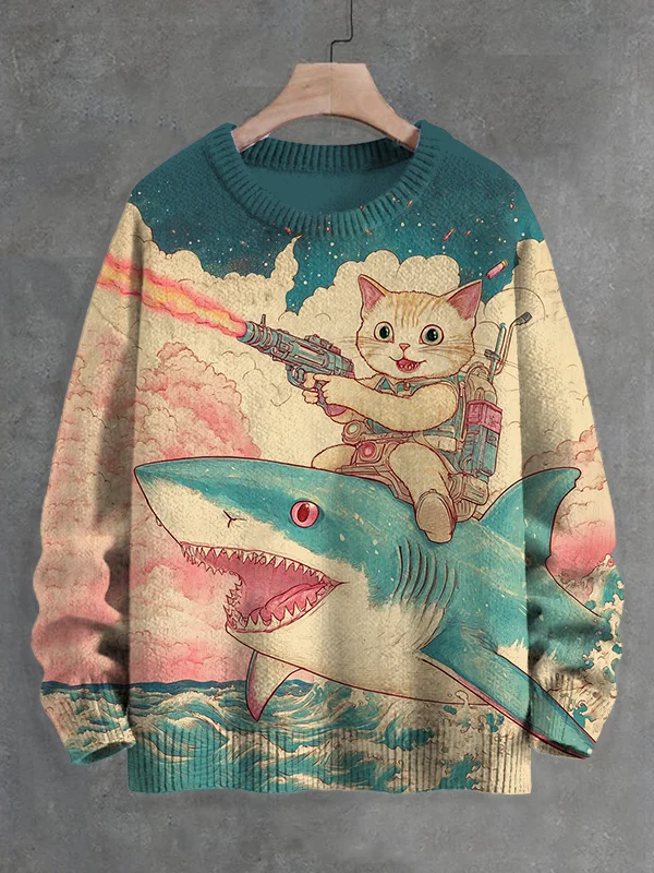 Men's Cat And Shark Fight Together Art Print Knit Sweatshirt