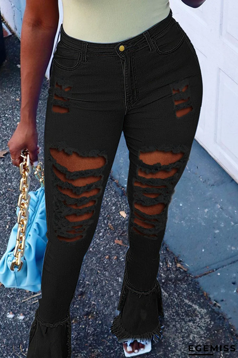 Black Fashion Casual Solid Ripped High Waist Boot Cut Denim Jeans | EGEMISS