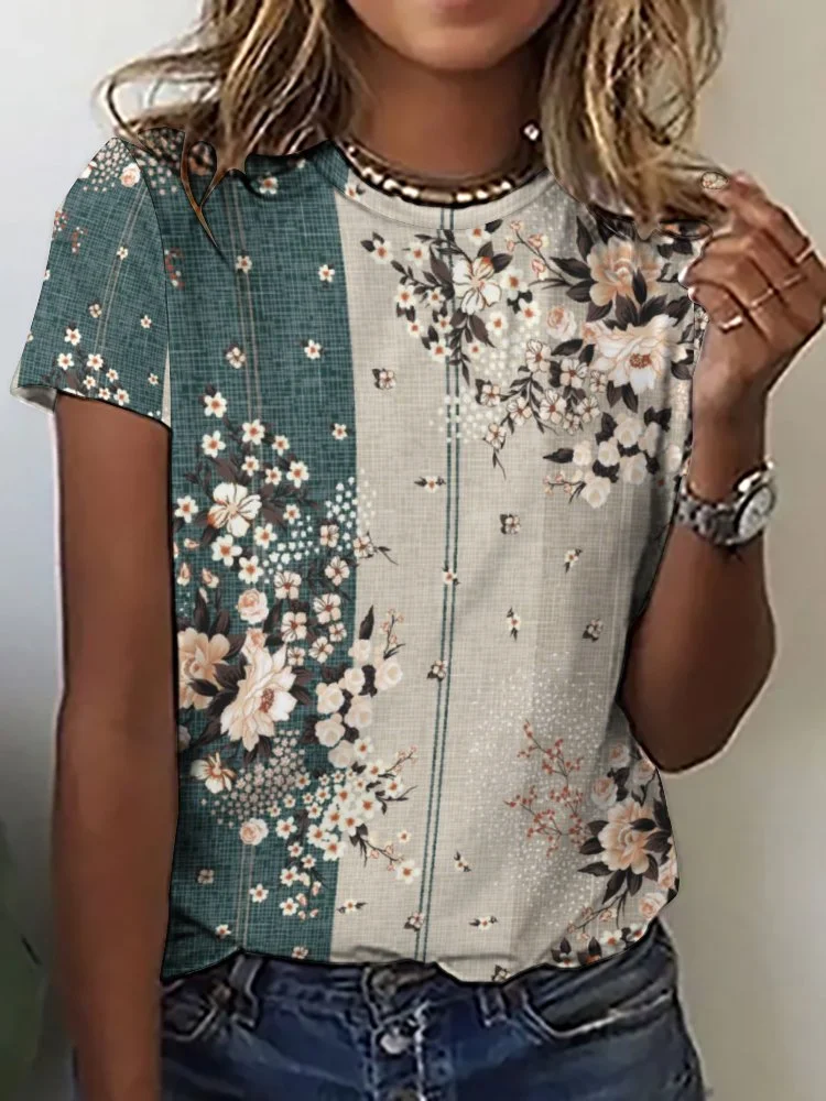 Printed Short Sleeve Casual T-shirt for  Women and Men Unisex Pattern Floral,Pink,Green,Stitch