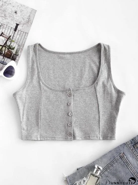 Button Up U Neck Cropped Tank Top