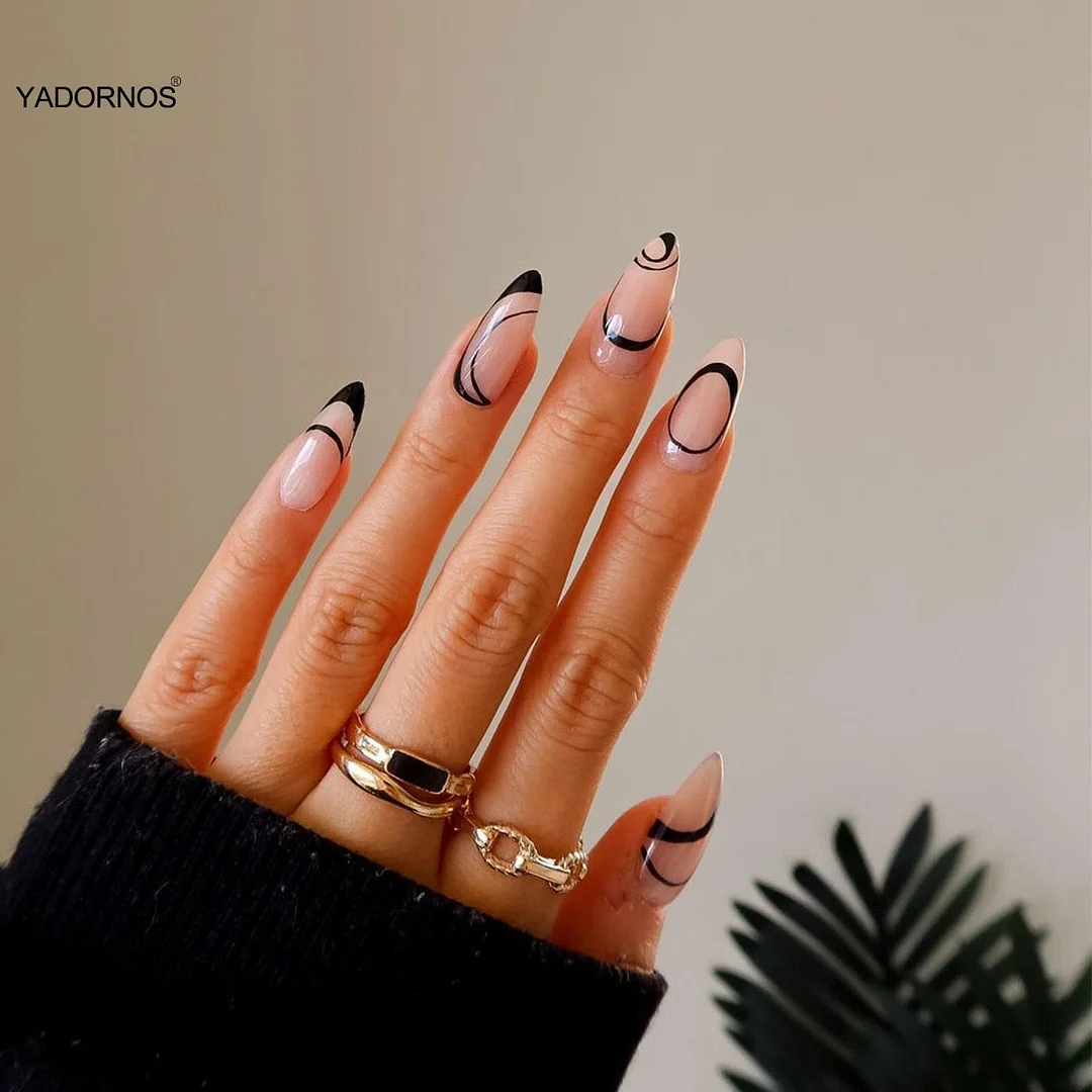 24PCS Black Lines Nail Patch Sweet Style Removable Long Paragraph Manicure Save Time Glue Type False Nail Patch TY