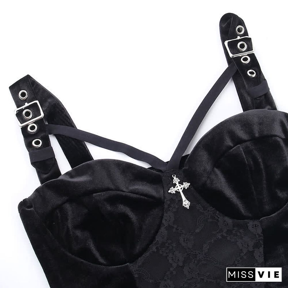 Gothic Cross Buckle Lace Hollow Out Crop Top