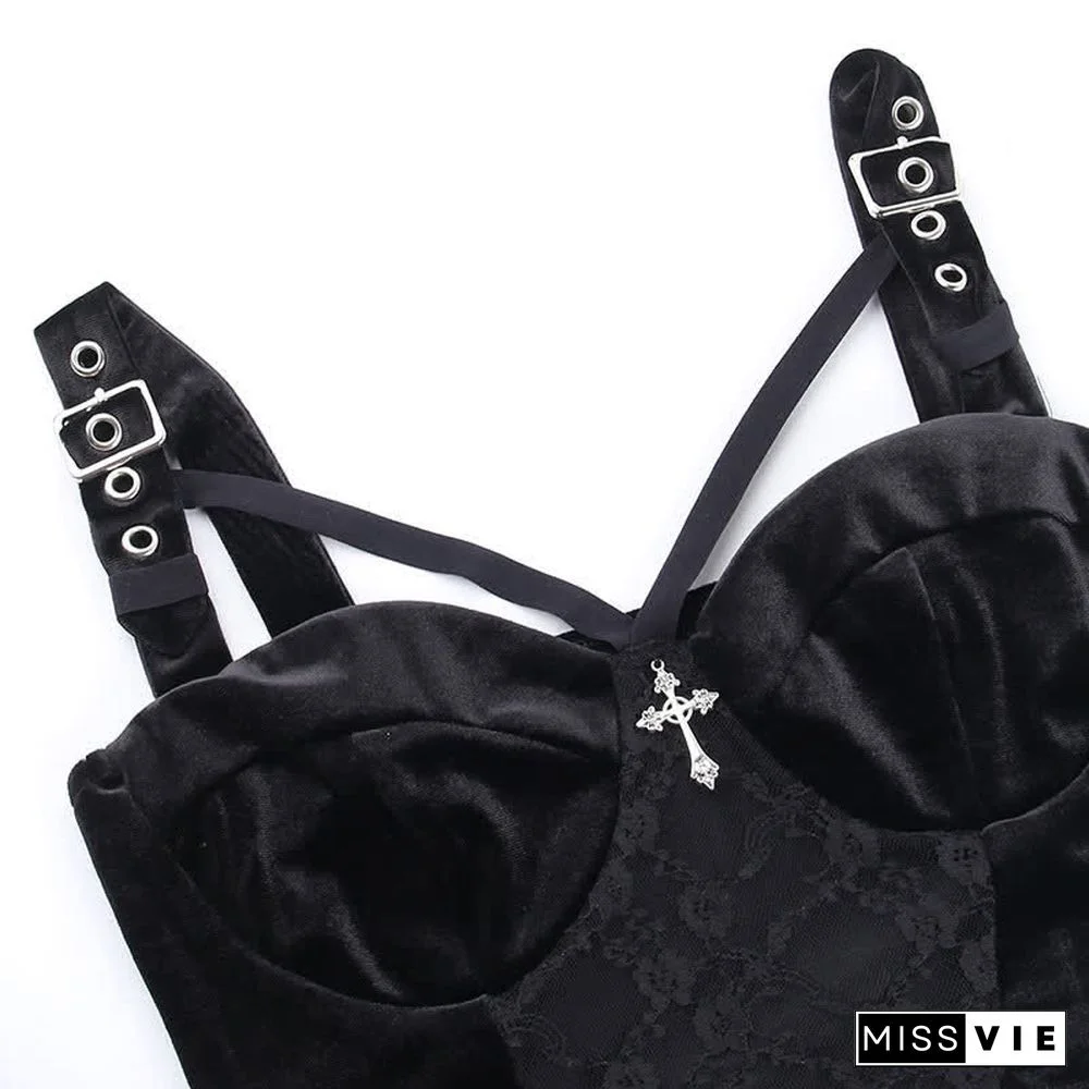 Gothic Cross Buckle Lace Hollow Out Crop Top