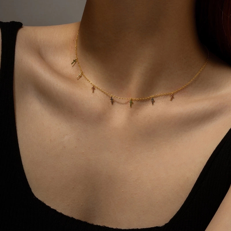 925 Sterling Silver Zircon Inlay Cross Pendant Necklace