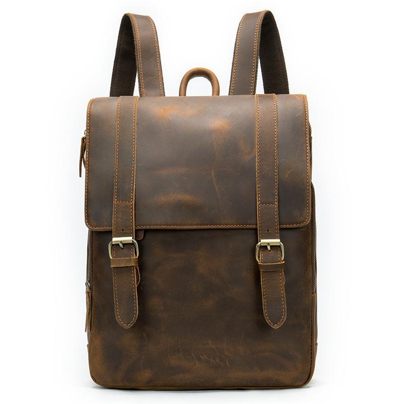 Distinct Vintage Look Genuine Leather Foldover Top Antique Brass Hardware Backpack