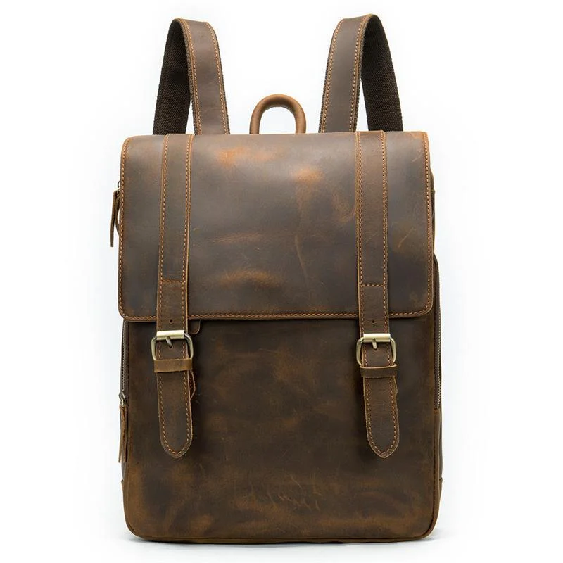 Distinct Vintage Look Genuine Leather Foldover Top Antique Brass Hardware Backpack