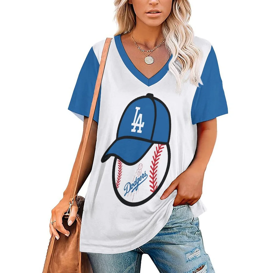 V-neck Short Sleeve Casual T-shirt for  Women Printed with Pattern , Blue, Red,