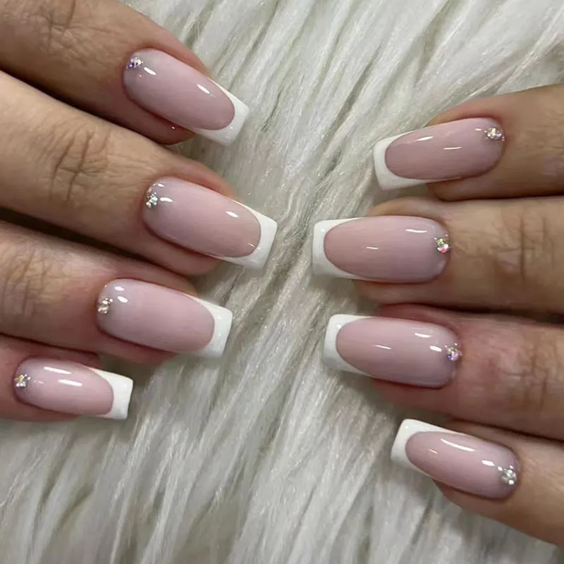 Churchf Churchf Long Square Simple White French Nail Diamond Wear Armor Pink Tender Sweet Girl False Nails