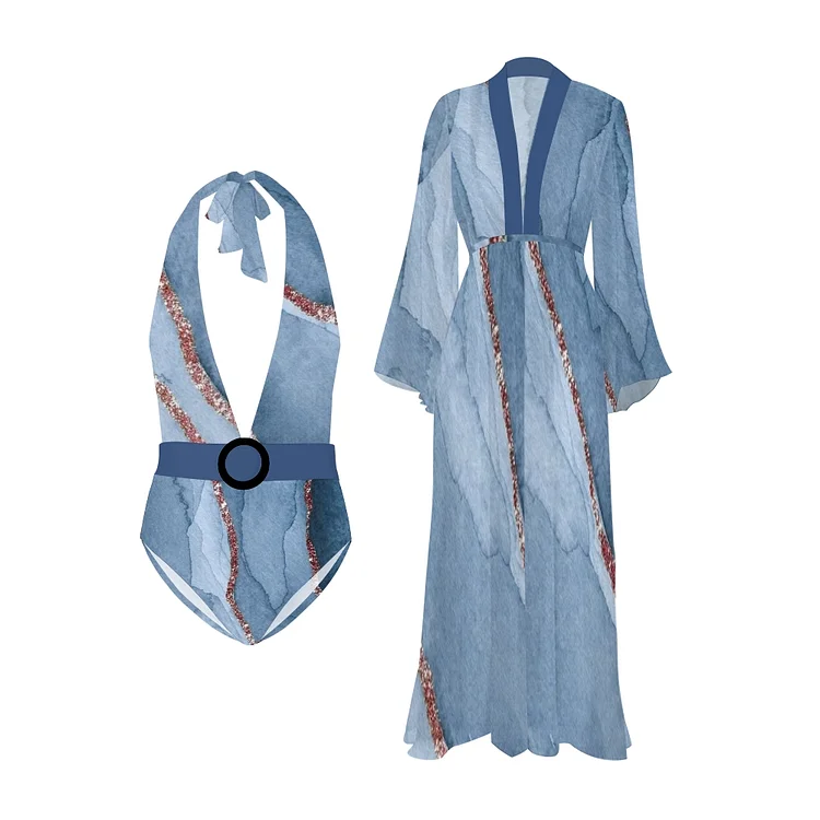 PRINT ONE-PIECE SWIMSUIT AND BEACH KIMONO