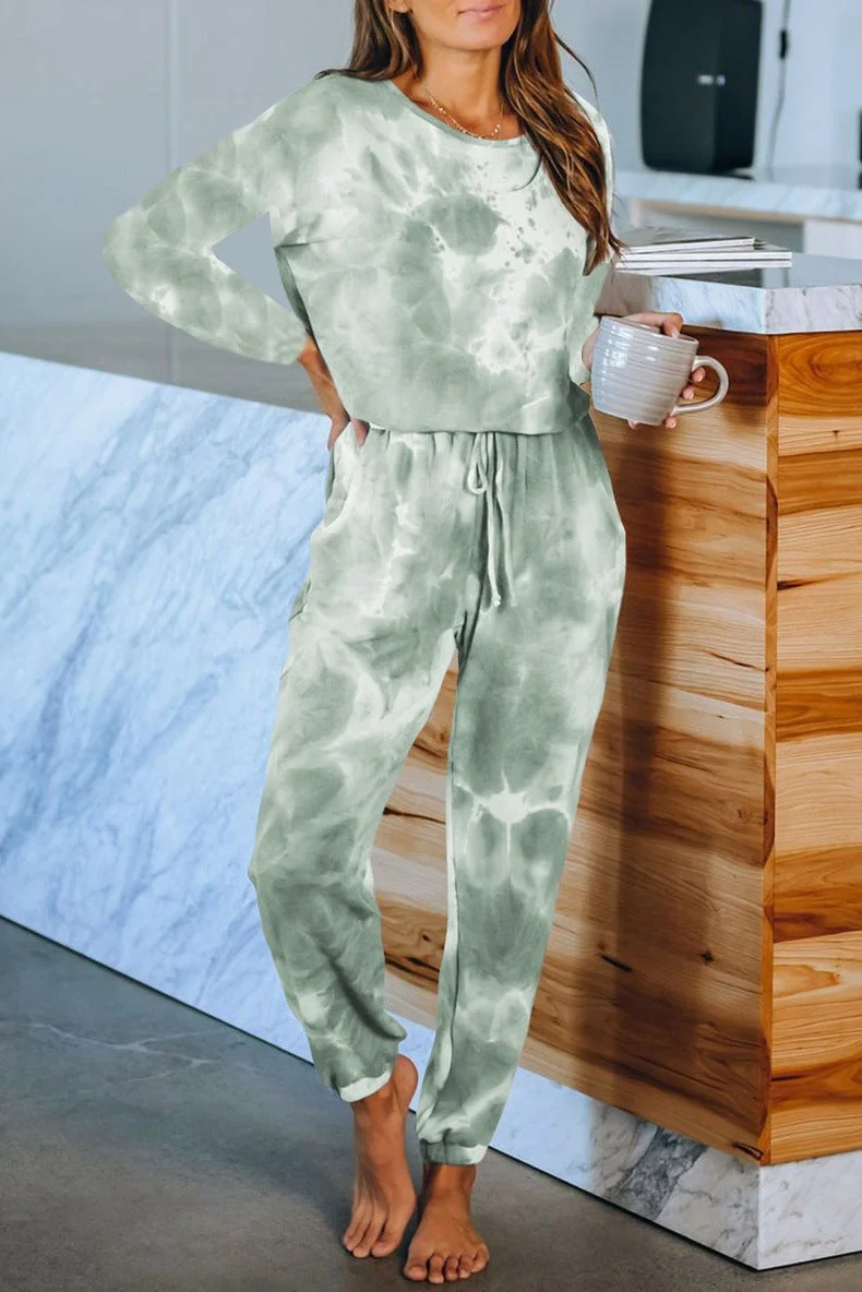 Tie-dye Printed Long-sleeved Trousers Split Casual Suit