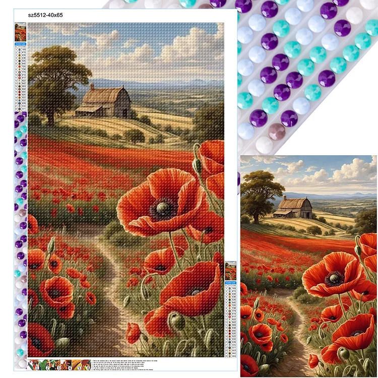 Poppy Flower Grass House 40*60cm (Canvas) Full Round Drill Diamond Painting gbfke