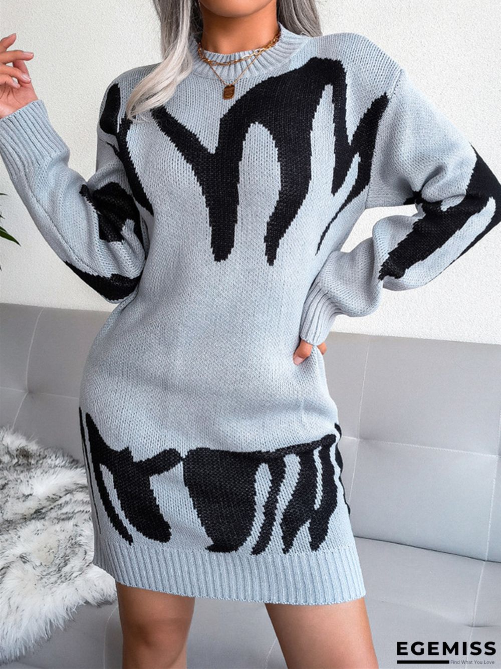 Casual Round Neck Knitted Long Sleeve Dress | EGEMISS