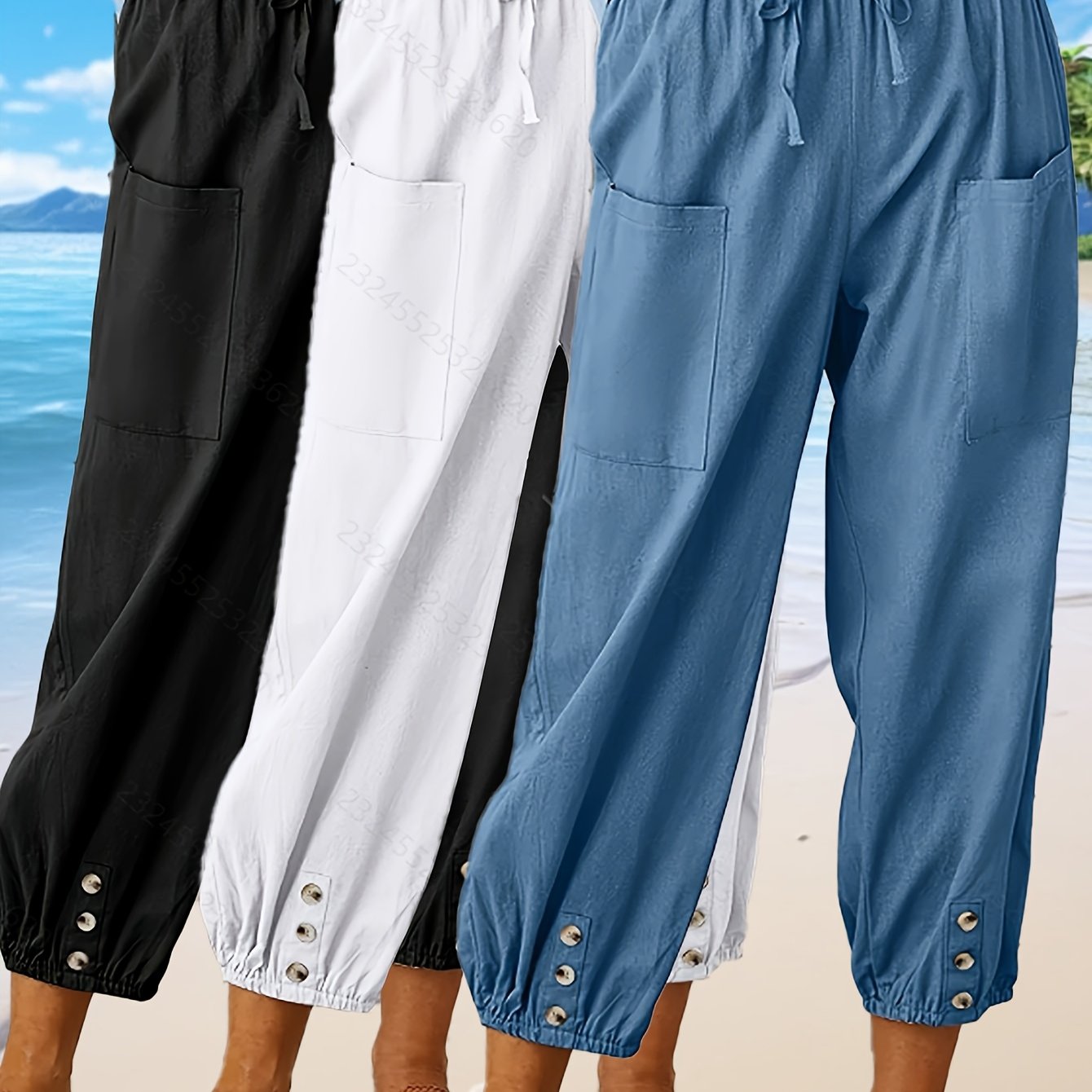 High Waist Wide Leg Cropped Casual with Elastic Waist & Pockets 3-Pack Unisex Linen Pants 