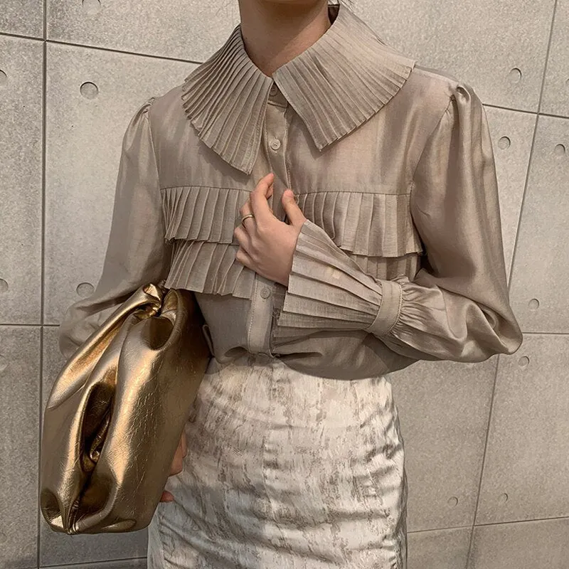Spring New Stylish Transparent Pleated White Shirts Women Turn-down Collar Single-breasted Loose Female Blouse Tops Blusas 13078