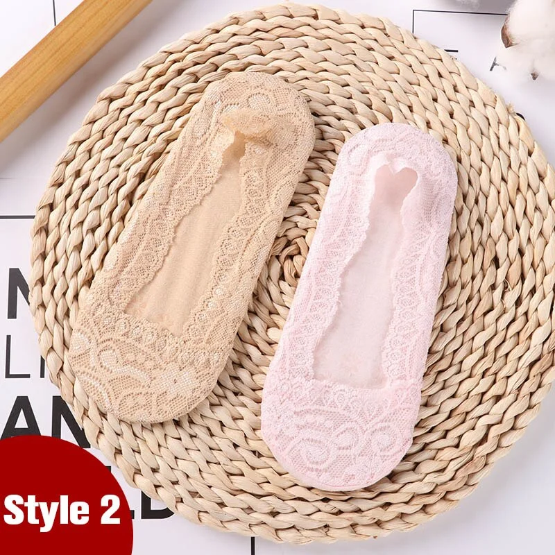 1/2 Pairs Fashion Women Girls Summer Socks Style Lace Flower No Show Short Sock Antiskid Invisible Ankle 2021 Sox Sock Slippers