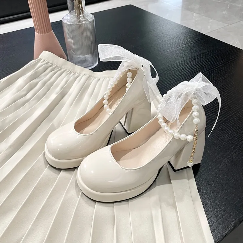 Breakj Breakj Heels Women's Coarse Heel 2025 New Spring Pearl Bow Gentle Fairy Style French Mary Jane Single Shoes