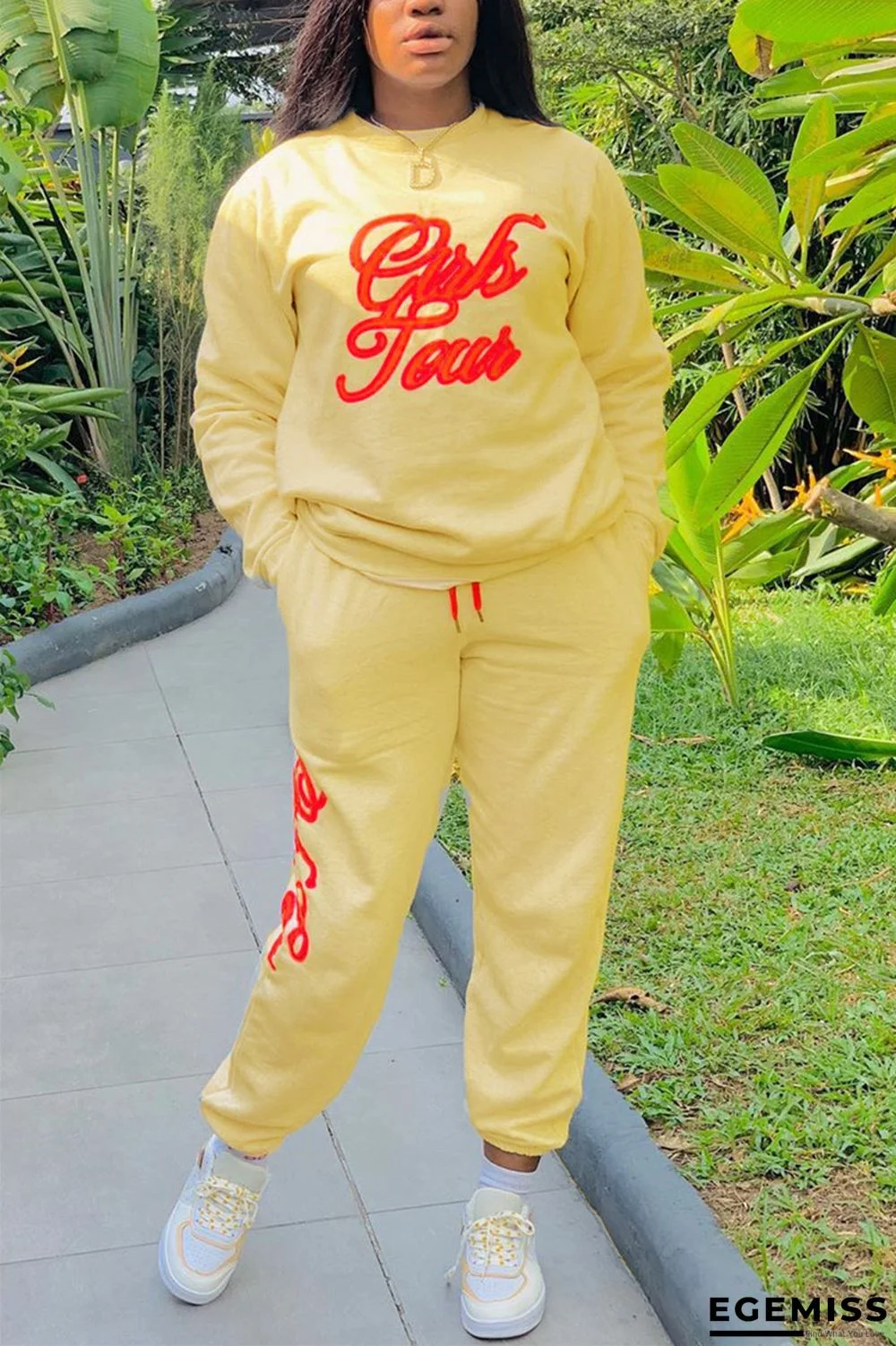 Yellow Fashion Sportswear Adult Letter Embroidery Embroidered Letter O Neck Long Sleeve Regular Sleeve Regular Two Pieces | EGEMISS