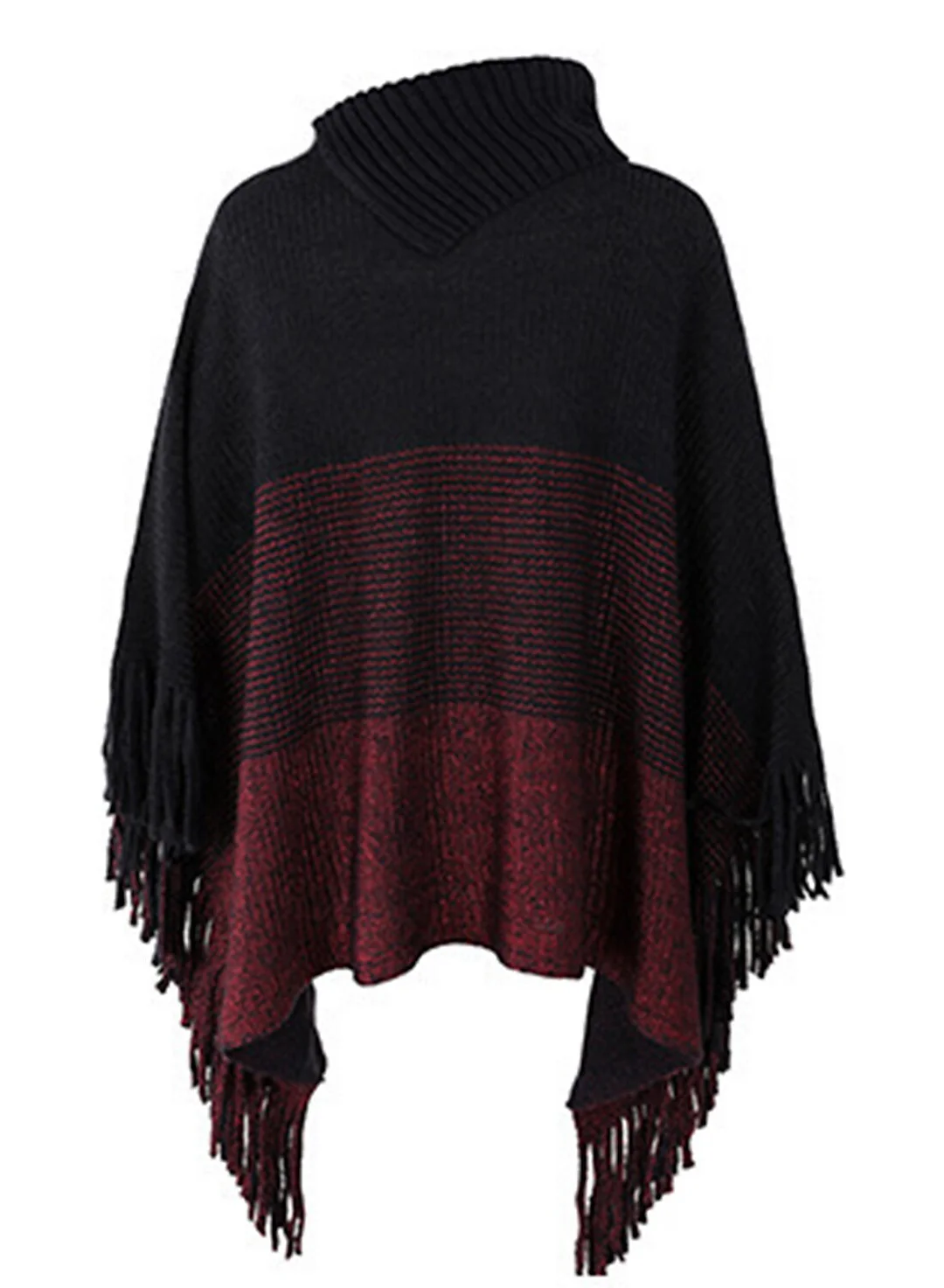 Women's Blouse Shirt Color Block Button Tassel Long Sleeve Casual Ponchos