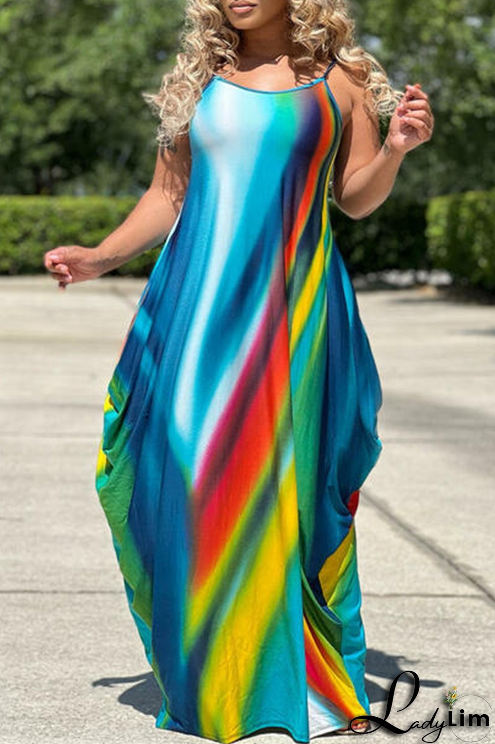 Sky Blue Sexy Print Split Joint Spaghetti Strap Straight Dresses
