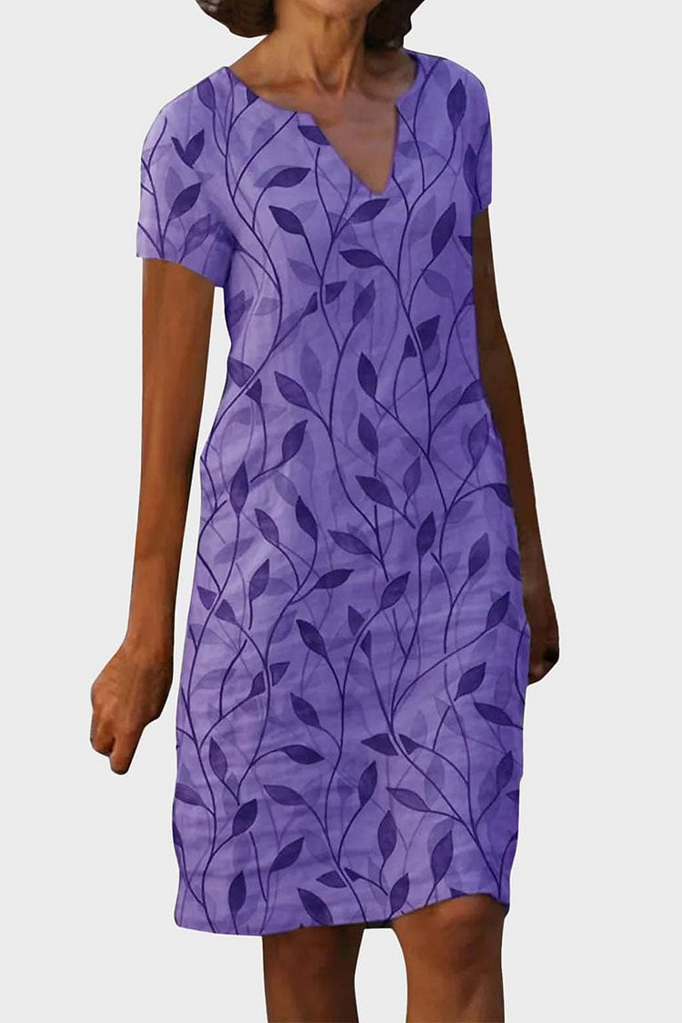 Printed V Neck Short Sleeve Linen Casual Midi Dress