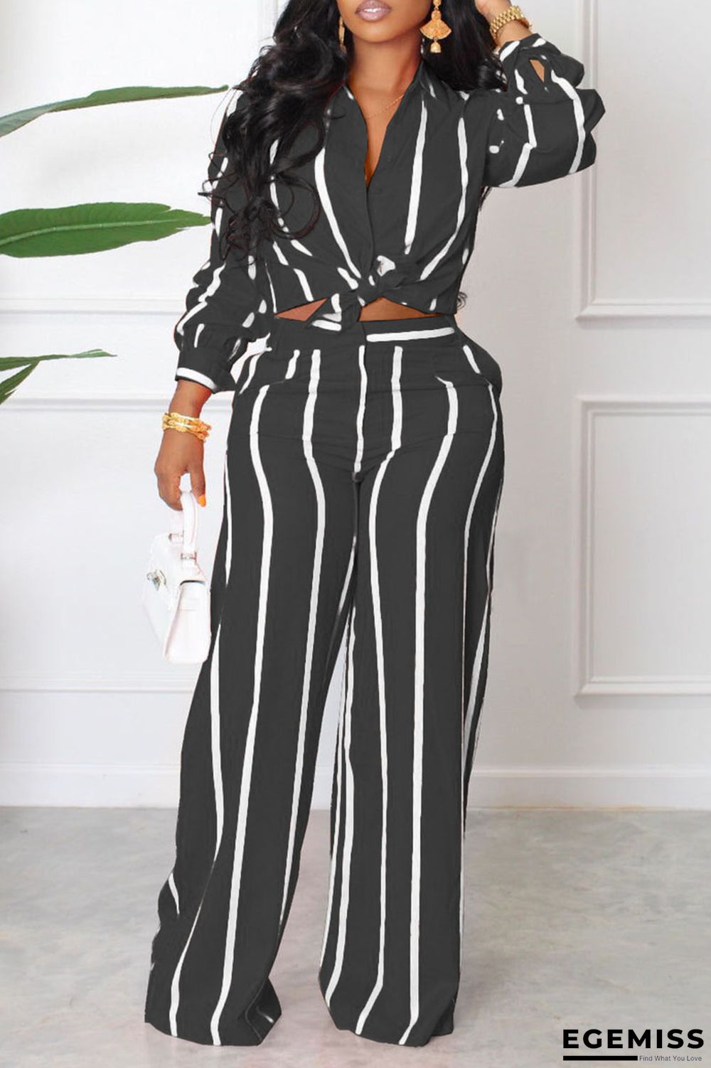 Black Casual Striped Print Patchwork Turndown Collar Long Sleeve Two Pieces | EGEMISS