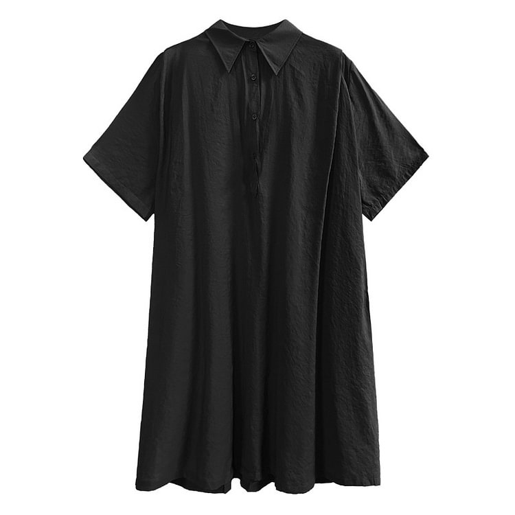 Temperament Loose Solid Color Turn-down Collar Lace-up Half Sleeve Dress      
