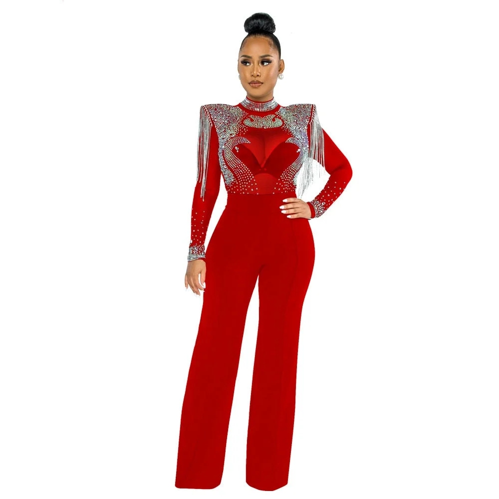 CM.YAYA Women Jumpsuit Solid High Collar Hot Drill Mesh Shoulder Cotton Long Sleeves Long Straight Jumpsuit Sexy Party Outfits