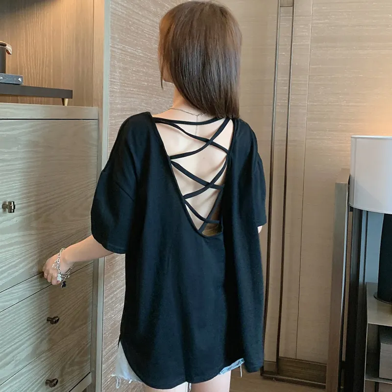 Backless Pure Color Loose T-Shirt