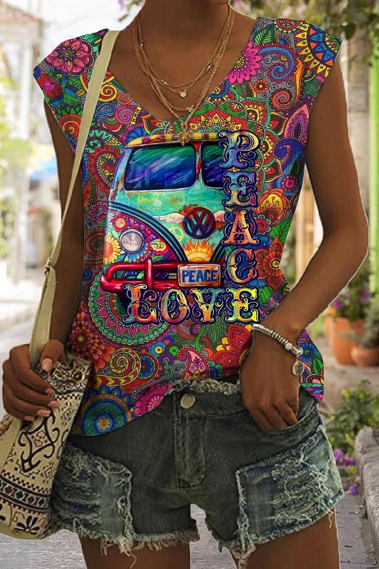 🔥kukelife🔥Hippie Art Love Peace Car Print V-Neck Tank Top